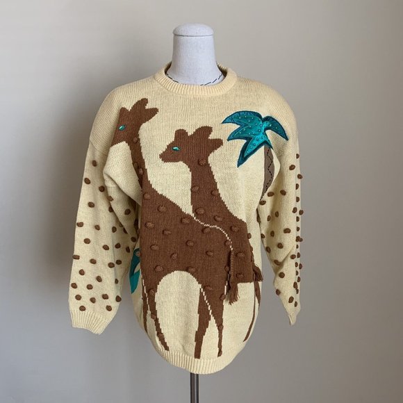 Vintage 80s Cervelle Giraffe Africa Safari Pom Pom Palm Tree Novelty Sweater M - Picture 2 of 10